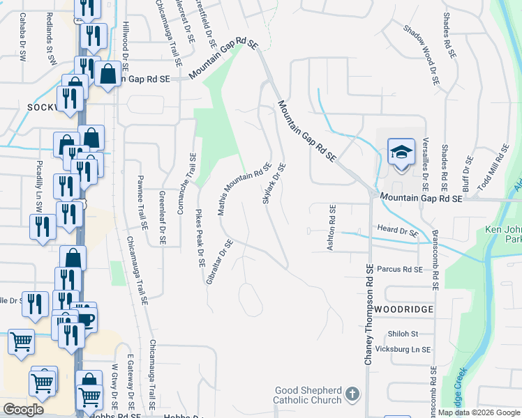 map of restaurants, bars, coffee shops, grocery stores, and more near 10144 Skylark Drive Southeast in Huntsville
