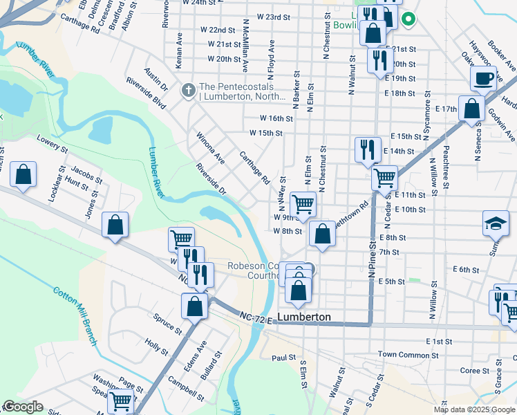 map of restaurants, bars, coffee shops, grocery stores, and more near 203 Carthage Road in Lumberton