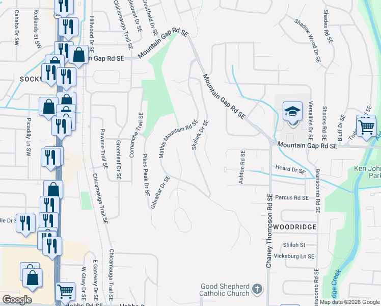 map of restaurants, bars, coffee shops, grocery stores, and more near 10144 Skylark Drive Southeast in Huntsville
