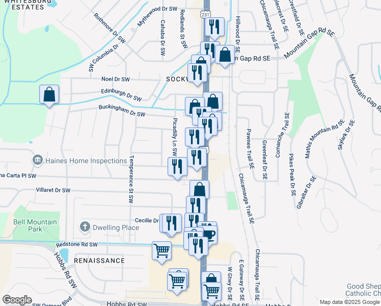 map of restaurants, bars, coffee shops, grocery stores, and more near 11120 Memorial Parkway Southwest in Huntsville