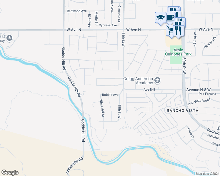 map of restaurants, bars, coffee shops, grocery stores, and more near 5558 Bienveneda Terrace in Palmdale