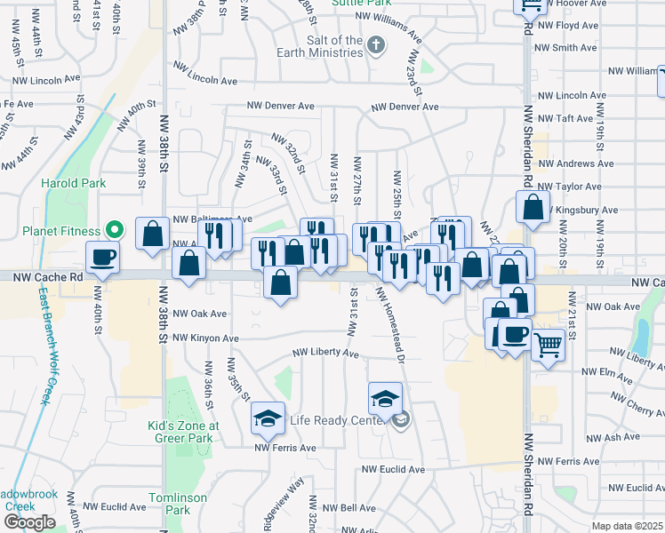 map of restaurants, bars, coffee shops, grocery stores, and more near 2761 Northwest Atlanta Avenue in Lawton