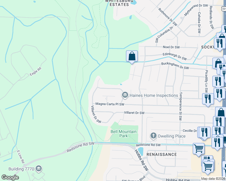 map of restaurants, bars, coffee shops, grocery stores, and more near 11022 Southeast Willingham Drive in Huntsville