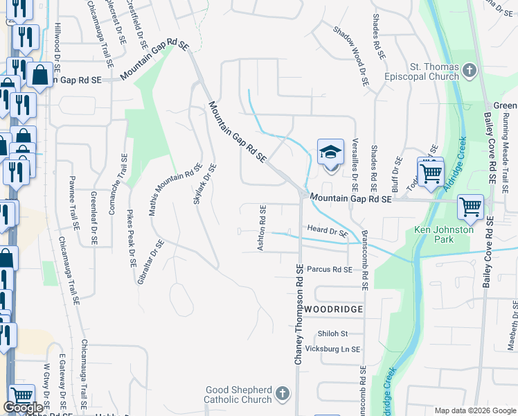 map of restaurants, bars, coffee shops, grocery stores, and more near 719 Wynsom Drive Southeast in Huntsville