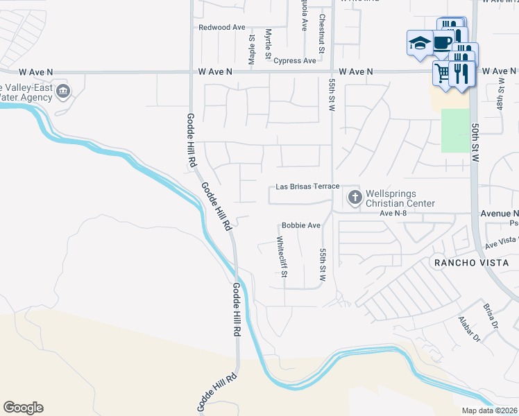 map of restaurants, bars, coffee shops, grocery stores, and more near 5712 Bienveneda Terrace in Palmdale
