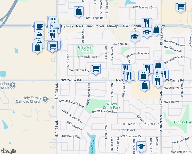 map of restaurants, bars, coffee shops, grocery stores, and more near 7615 Northwest Cache Road in Lawton
