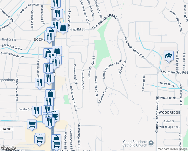 map of restaurants, bars, coffee shops, grocery stores, and more near 12105 Comanche Trail Southeast in Huntsville