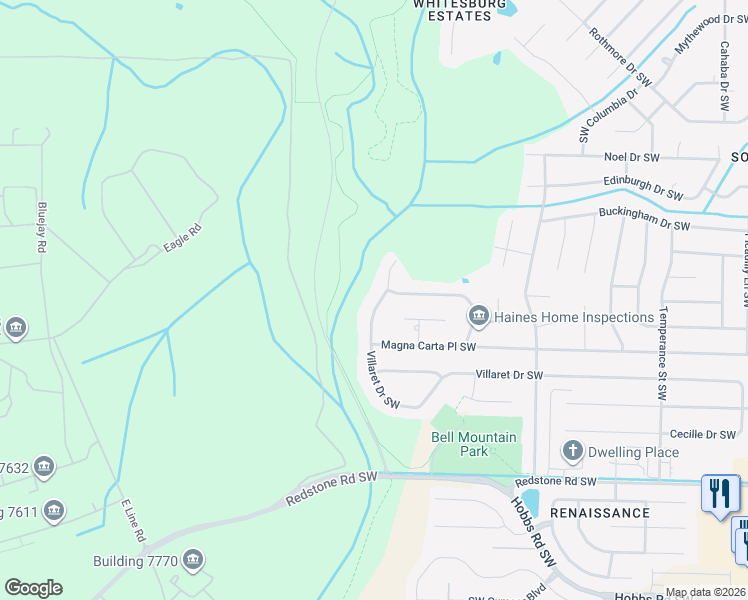 map of restaurants, bars, coffee shops, grocery stores, and more near 2371 Villaret Drive Southwest in Huntsville