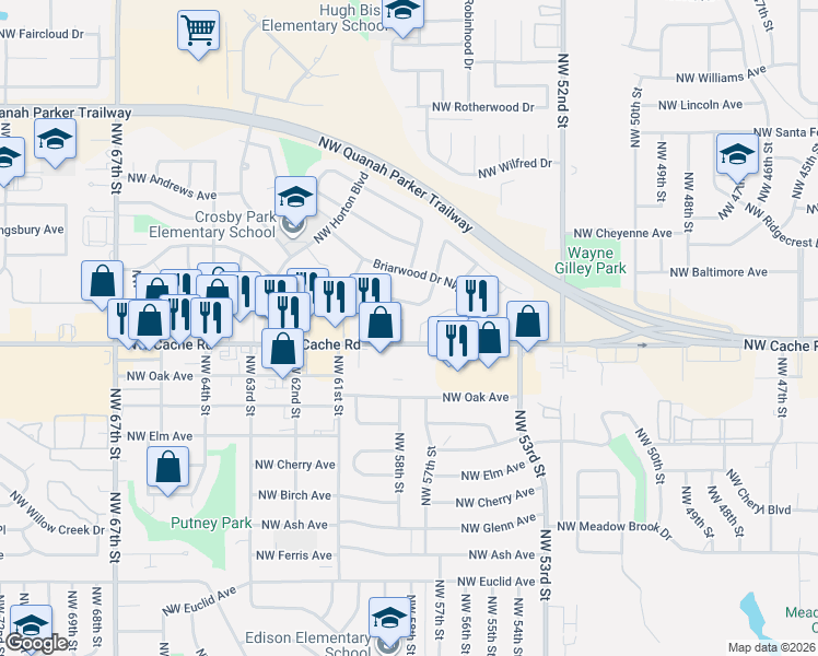 map of restaurants, bars, coffee shops, grocery stores, and more near 5525 Northwest Cache Road in Lawton