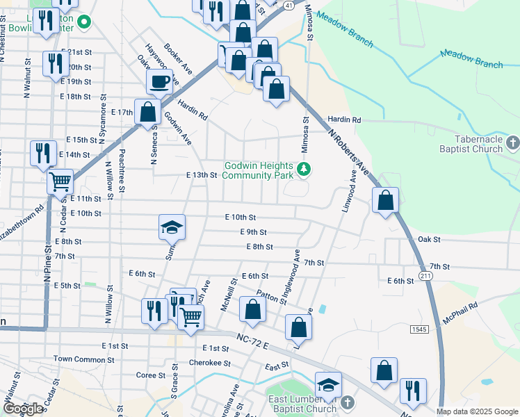map of restaurants, bars, coffee shops, grocery stores, and more near 1300 East 11th Street in Lumberton
