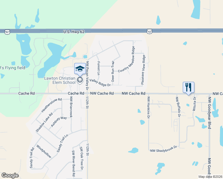 map of restaurants, bars, coffee shops, grocery stores, and more near 2 Deer Run Trail in Lawton