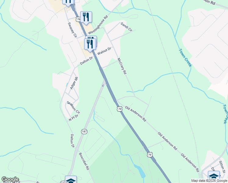 map of restaurants, bars, coffee shops, grocery stores, and more near 7300 U.S. 76 in Pendleton