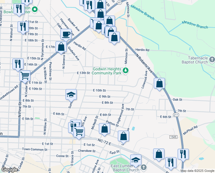 map of restaurants, bars, coffee shops, grocery stores, and more near 1300 East 11th Street in Lumberton