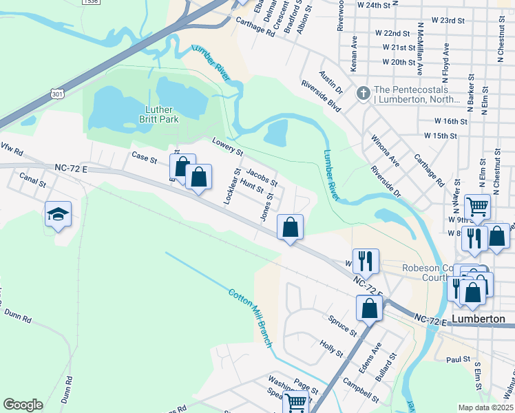 map of restaurants, bars, coffee shops, grocery stores, and more near 1203 Sampson Street in Lumberton