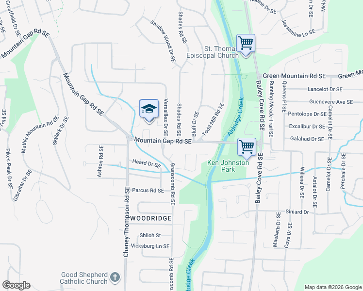 map of restaurants, bars, coffee shops, grocery stores, and more near 10118 Bluff Drive Southeast in Huntsville