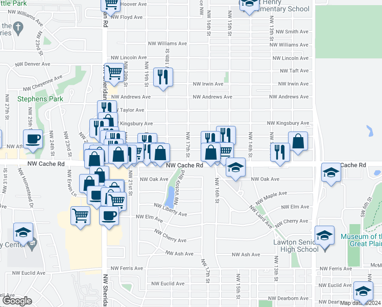 map of restaurants, bars, coffee shops, grocery stores, and more near 1501 Northwest 17th Street in Lawton
