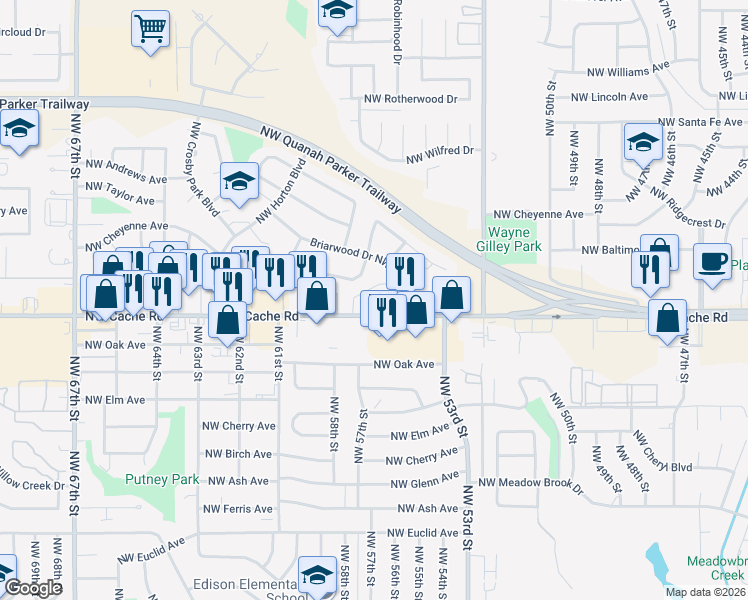 map of restaurants, bars, coffee shops, grocery stores, and more near 5402 Briarwood Drive Northwest in Lawton