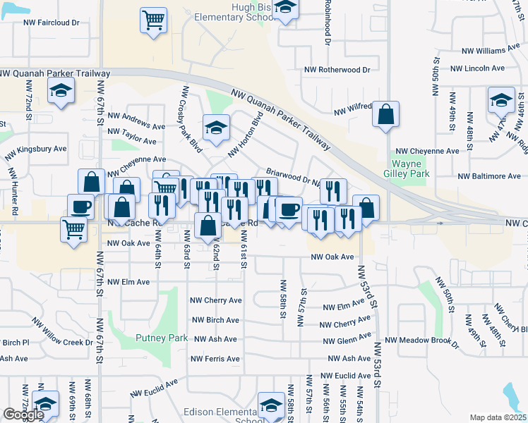 map of restaurants, bars, coffee shops, grocery stores, and more near 5628 Northwest Beechwood Drive in Lawton