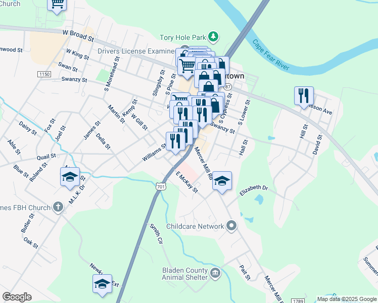 map of restaurants, bars, coffee shops, grocery stores, and more near U.S. 701 Highway in Elizabethtown