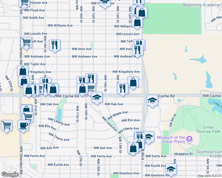 map of restaurants, bars, coffee shops, grocery stores, and more near 1307 Northwest Lawton Avenue in Lawton
