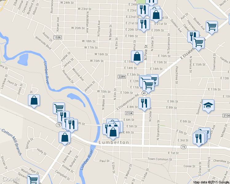map of restaurants, bars, coffee shops, grocery stores, and more near 1006 North Elm Street in Lumberton