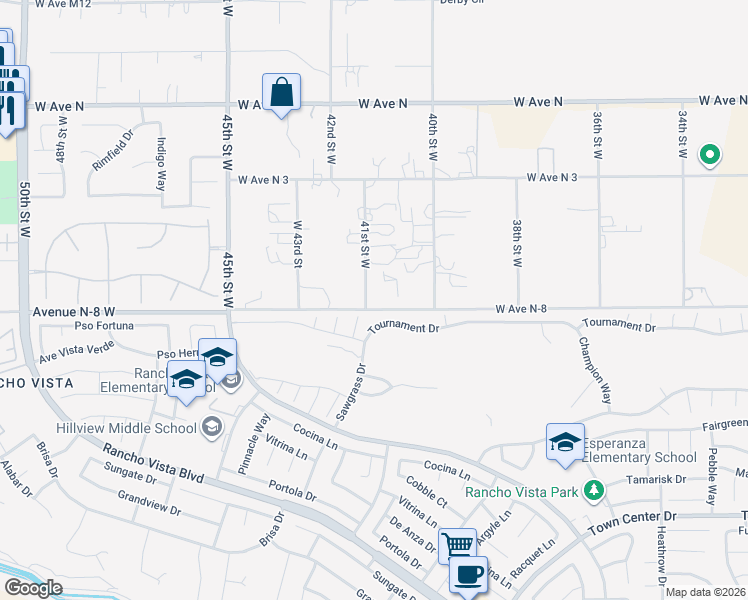 map of restaurants, bars, coffee shops, grocery stores, and more near 40806 41st Street West in Palmdale