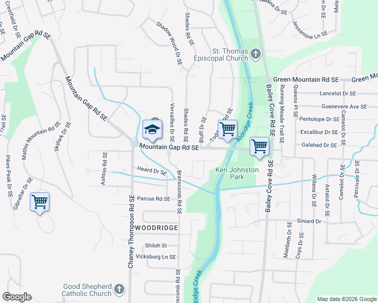 map of restaurants, bars, coffee shops, grocery stores, and more near 10118 Bluff Drive Southeast in Huntsville