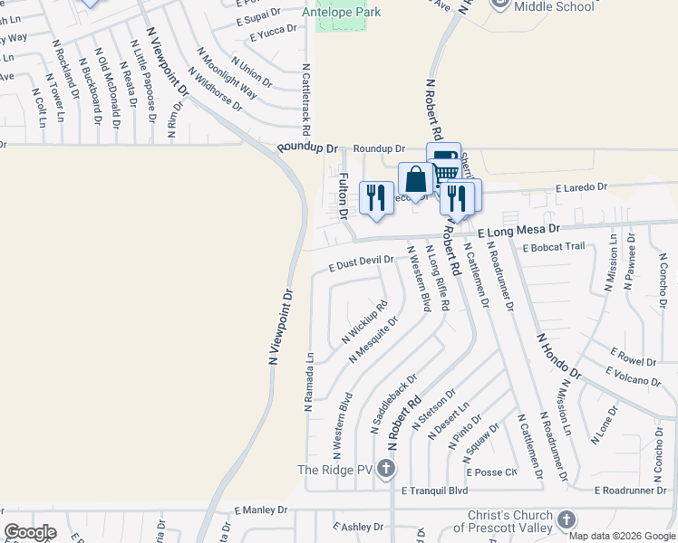 map of restaurants, bars, coffee shops, grocery stores, and more near 8070 East Dust Devil Drive in Prescott Valley