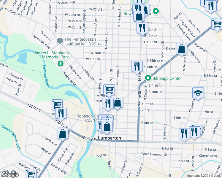 map of restaurants, bars, coffee shops, grocery stores, and more near 1006 North Elm Street in Lumberton