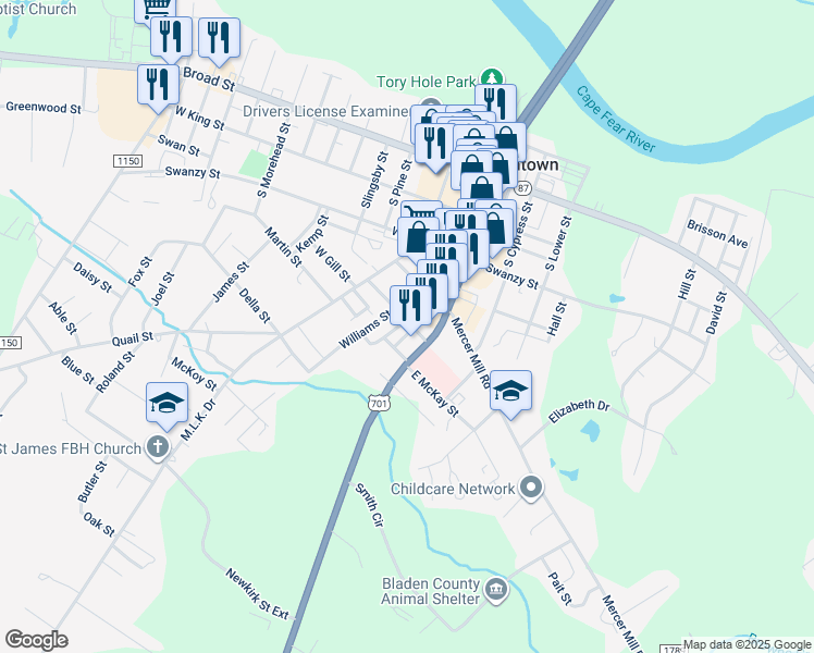 map of restaurants, bars, coffee shops, grocery stores, and more near 107 West Dunham Street in Elizabethtown