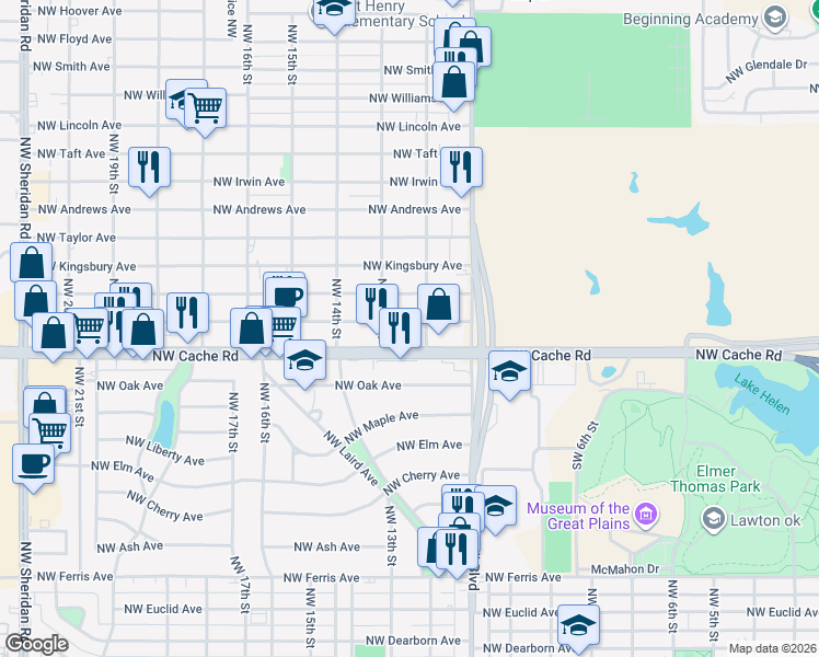 map of restaurants, bars, coffee shops, grocery stores, and more near 1211 Northwest Lawton Avenue in Lawton