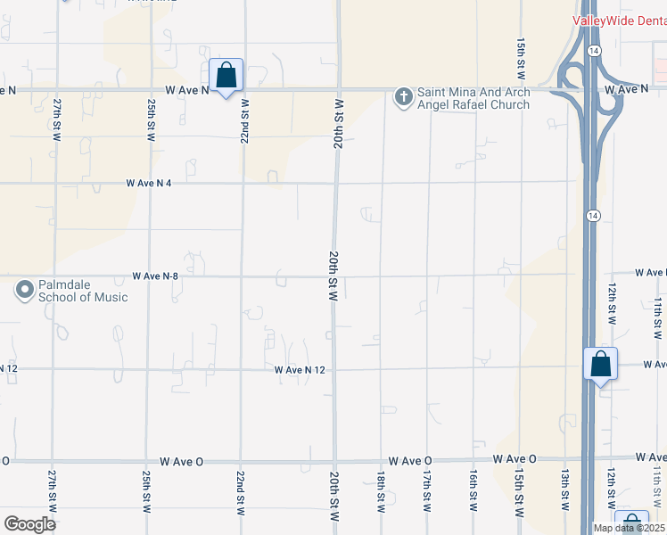 map of restaurants, bars, coffee shops, grocery stores, and more near 20th Street West in Palmdale