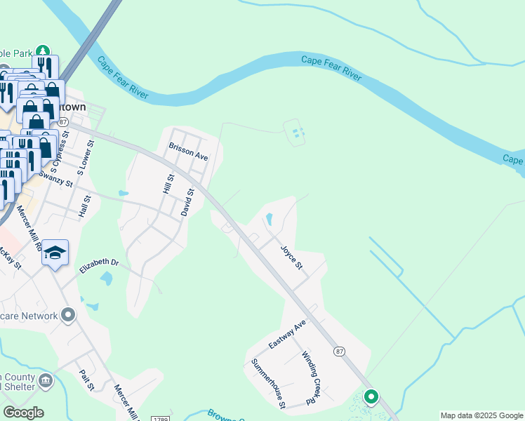 map of restaurants, bars, coffee shops, grocery stores, and more near 1315 Joyce Street in Elizabethtown