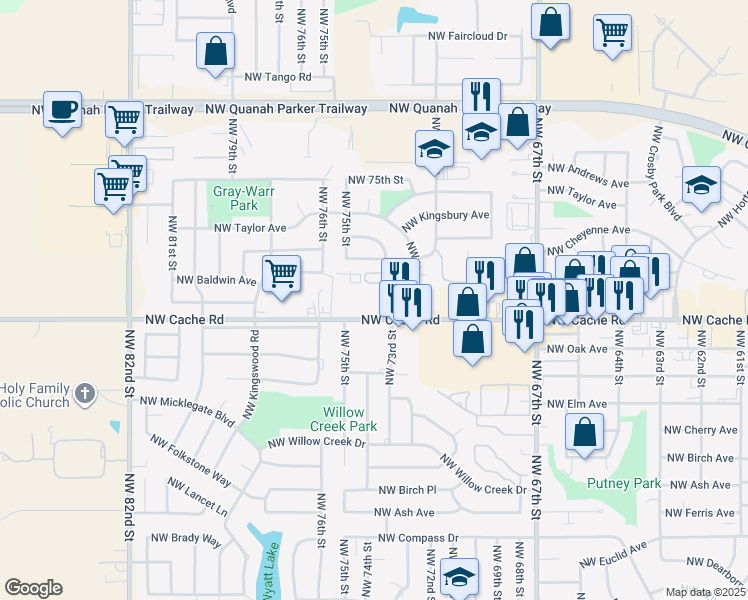 map of restaurants, bars, coffee shops, grocery stores, and more near 7215 Northwest Cache Road in Lawton