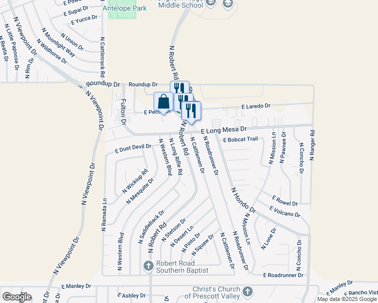 map of restaurants, bars, coffee shops, grocery stores, and more near 5640 North Cattlemen Drive in Prescott Valley