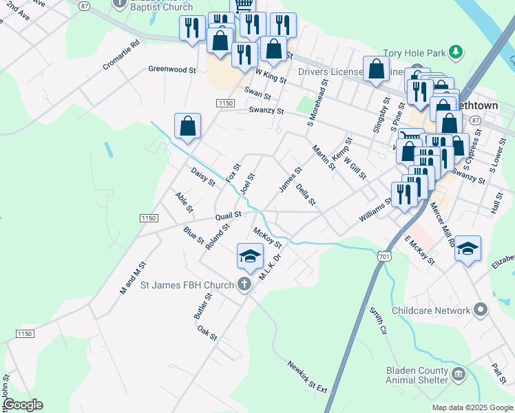 map of restaurants, bars, coffee shops, grocery stores, and more near in Bladenboro