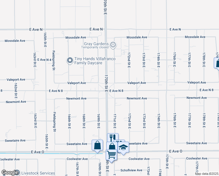 map of restaurants, bars, coffee shops, grocery stores, and more near Valeport Avenue in Lake Los Angeles