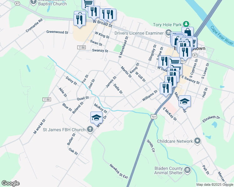map of restaurants, bars, coffee shops, grocery stores, and more near 400 Quail Street in Elizabethtown