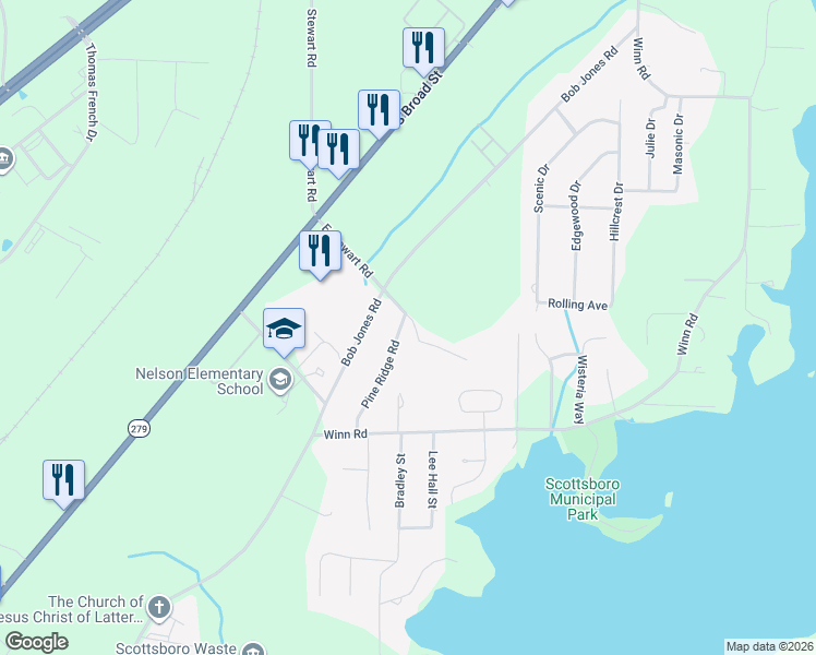 map of restaurants, bars, coffee shops, grocery stores, and more near 3501 Childress Drive in Scottsboro