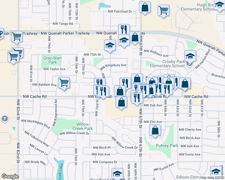 map of restaurants, bars, coffee shops, grocery stores, and more near 7104 Northwest Cache Road in Lawton