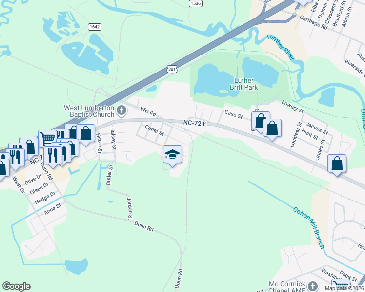 map of restaurants, bars, coffee shops, grocery stores, and more near 71 Canal Street in Lumberton