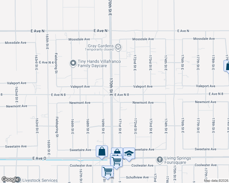 map of restaurants, bars, coffee shops, grocery stores, and more near Valeport Avenue in Lake Los Angeles