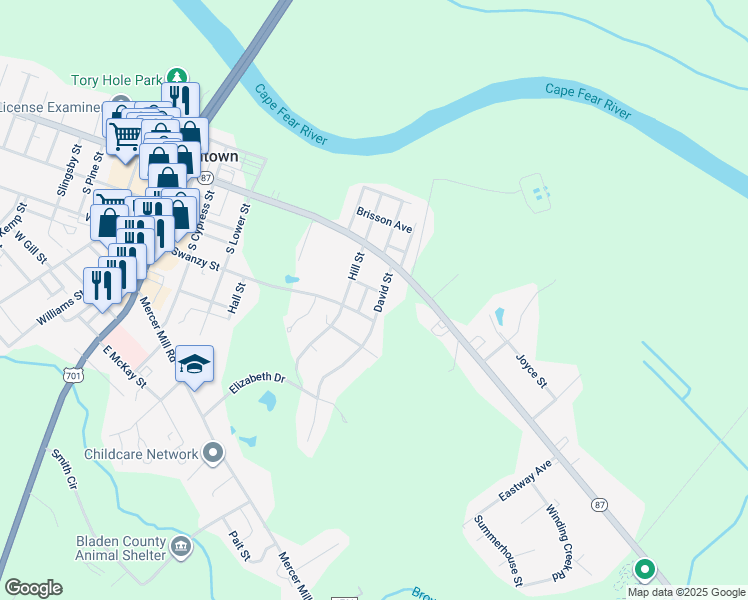 map of restaurants, bars, coffee shops, grocery stores, and more near 210 David Street in Elizabethtown