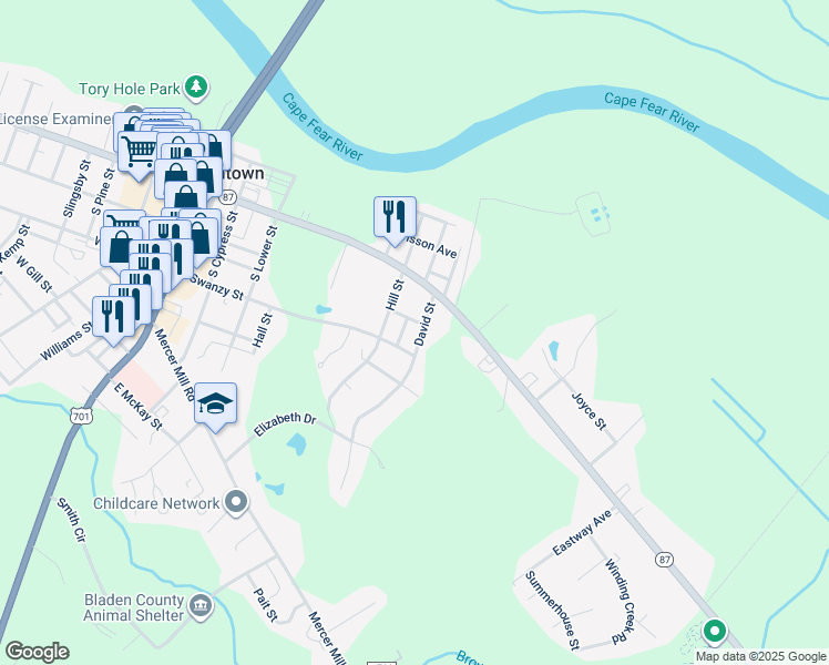 map of restaurants, bars, coffee shops, grocery stores, and more near 210 David Street in Elizabethtown