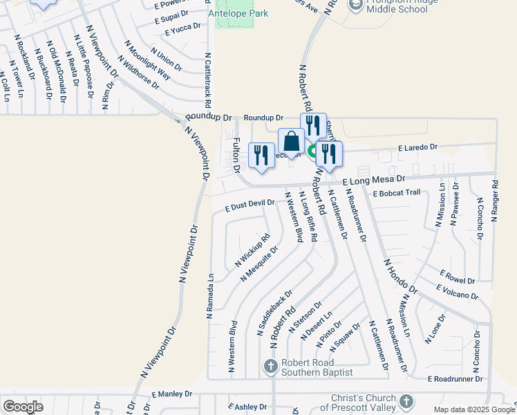 map of restaurants, bars, coffee shops, grocery stores, and more near 8160 East Dust Devil Drive in Prescott Valley