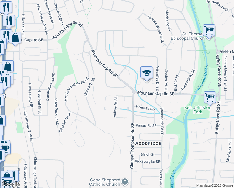 map of restaurants, bars, coffee shops, grocery stores, and more near 719 Wynsom Drive Southeast in Huntsville