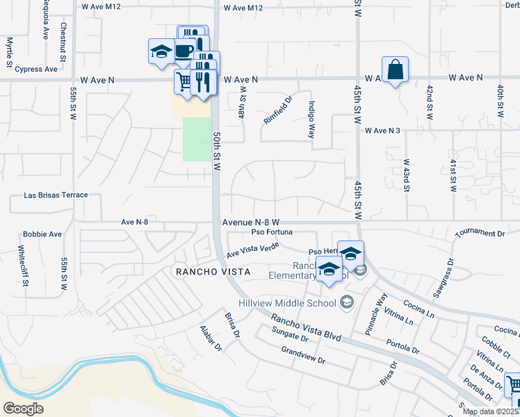 map of restaurants, bars, coffee shops, grocery stores, and more near 40820 Slate Court in Palmdale
