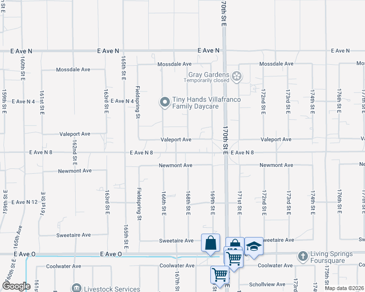 map of restaurants, bars, coffee shops, grocery stores, and more near 16708 Valeport Avenue in Lancaster