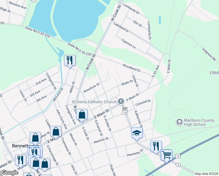 map of restaurants, bars, coffee shops, grocery stores, and more near 907 Wells Street in Bennettsville