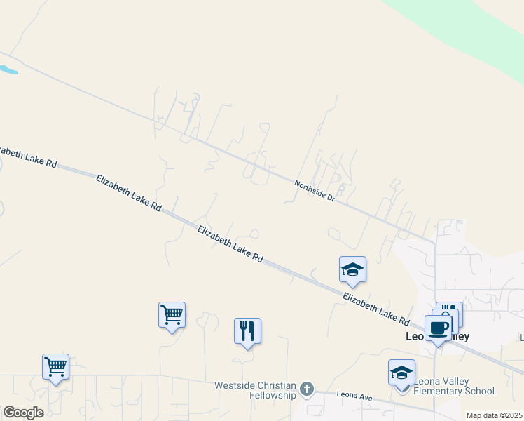 map of restaurants, bars, coffee shops, grocery stores, and more near Lake Elizabeth Road in Leona Valley